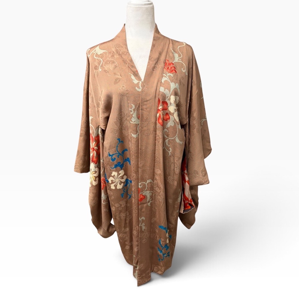 1940s Vintage Japanese Brown Silk Floral Haori Kimono Jacket Women OS